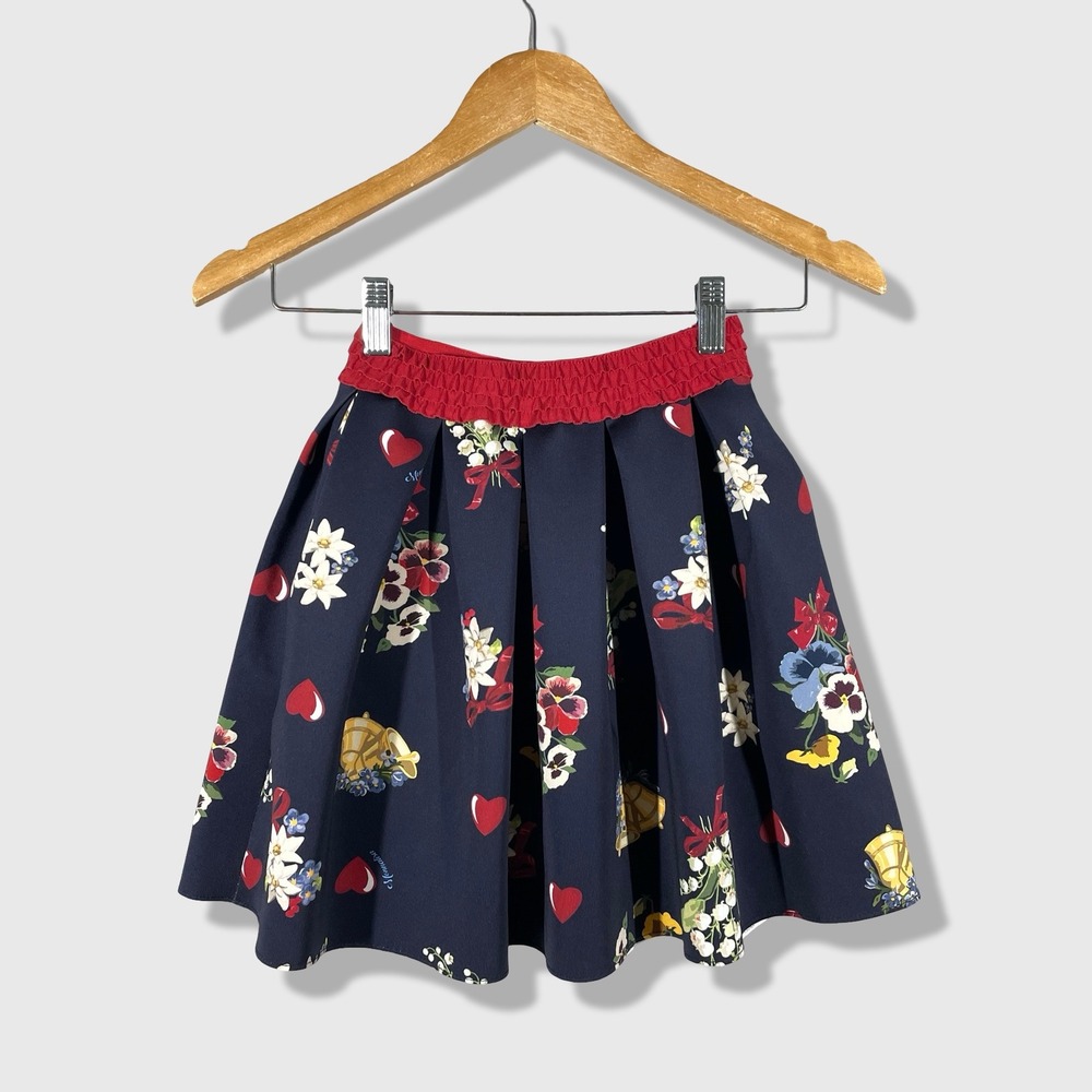 Monnalisa Pleated Skirt Kids 8 Navy Blue Floral Heart Whimsical‎ Preppy Italian